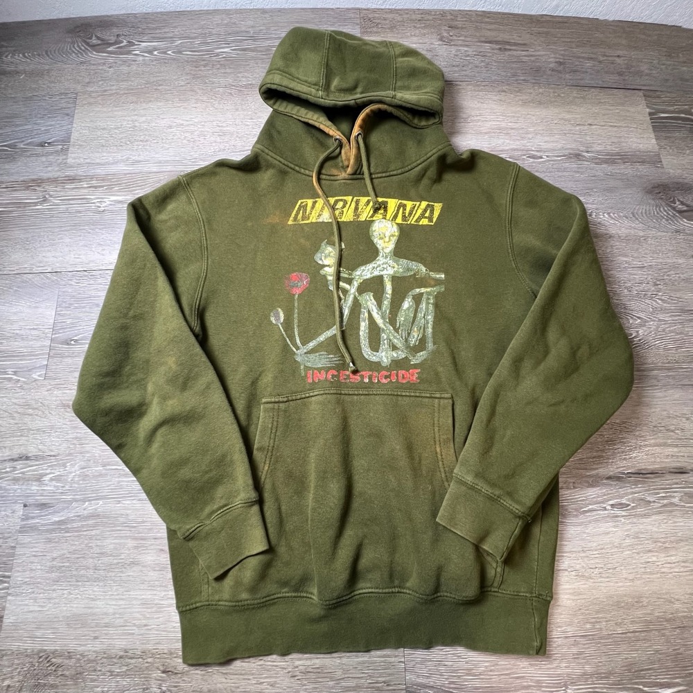 Nirvana Hoodie Mens Small Green Incesticide Graphic Grunge Rock Band Sweatshirt
